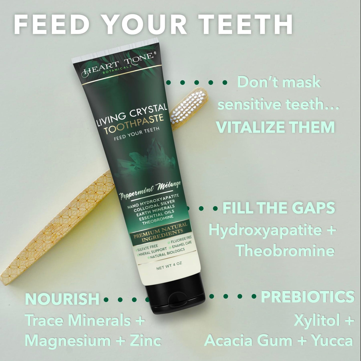 Heart Tone Botanicals Theobromine & Hydroxyapatite Toothpaste | Living Crystal | Fluoride Free | Colloidal Silver, Bentonite Clay, L-Arginine | Low Abrasion Tested | Mint