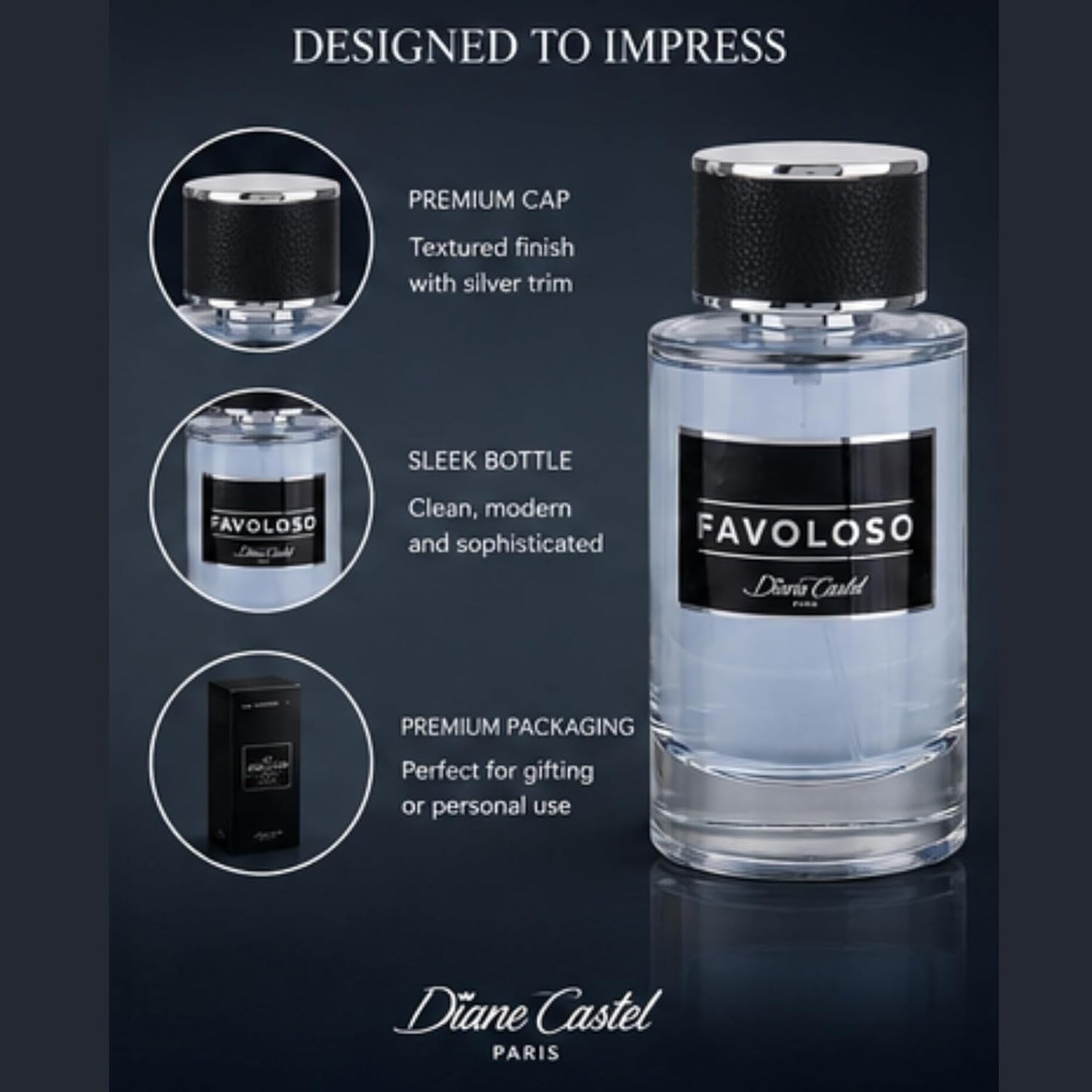 Diane Castel Favoloso Cologne for Men - Woody Marine Fragrance with Grapefruit & Cedar - 3.3 oz