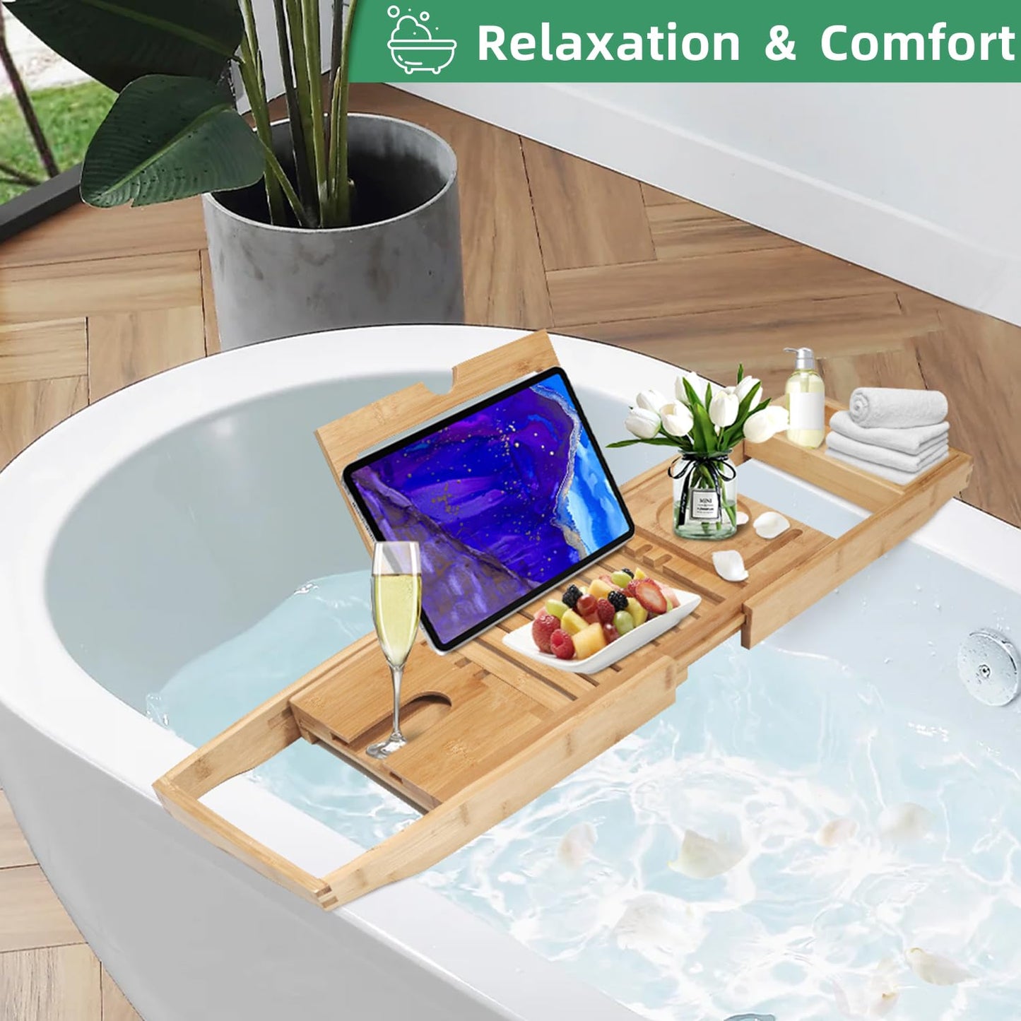 my novel things Bathtub Tray, Foldable Bath Tray for tub, Bamboo Bathtub Trays for tub, Luxurious Bath Accessories with Wine, Book & Tablet Holder - Expandable Size Fits Most Tubs - Wedding Gifts