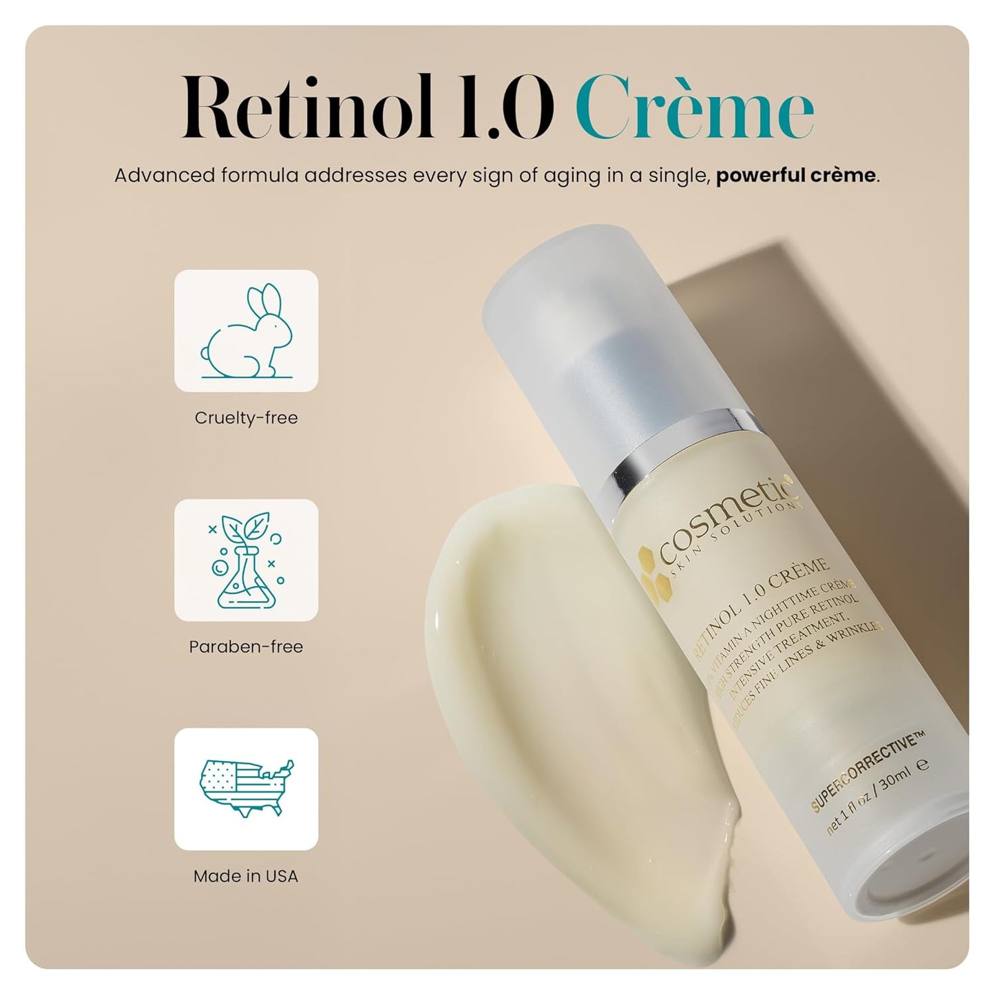 Retinol 1.0 Crème - Anti-Aging Moisturizer for Face & Neck | Hydrating Night Cream with Vitamin A, E, B5, Hyaluronic Acid & Ceramides - 1 fl oz