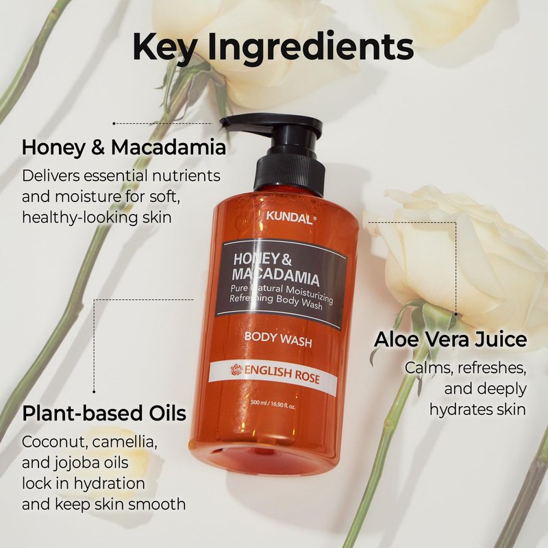 KUNDAL Nature Honey & Macadamia Natural Moisturizing Body Wash, Natural Extracts, 10,000 ppm Honey, Safe for All Ages, Soft & Smooth Skin 16.9 fl oz (Pack of 1) (Cherry Blossom)