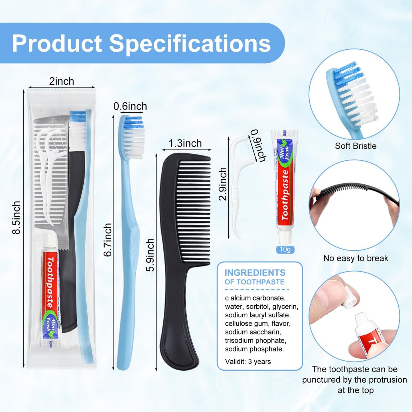 50 Sets Disposable Toothbrushes with Toothpaste Floss Comb Individually Wrapped, Disposable Toothbrush Bulk, 10g Toothpaste,Dental Floss,6in Comb Bulk Toothbrush Kit for Homeless,Airbnb,Hotel