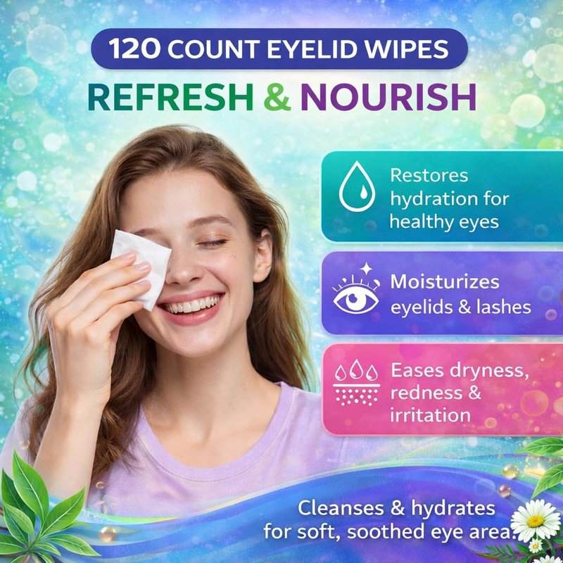 Tea Tree Eyelid Wipes - Gentle Eyelid Cleanser for Blepharitis & Dry Eye | 120 Individually Wrapped Wipes with Aloe Vera & Hyaluronic Acid