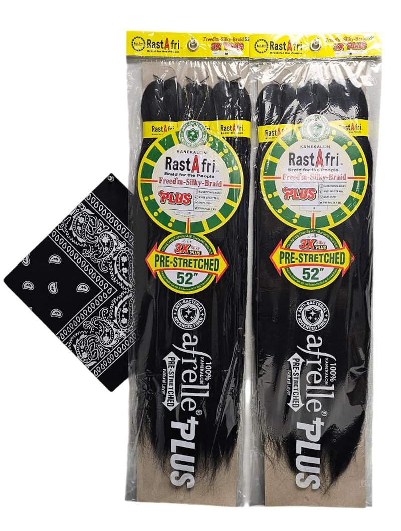 RastAfri Pre-Stretched Silky Braiding Hair 3X with Bandana - 2 Packs (#1B)