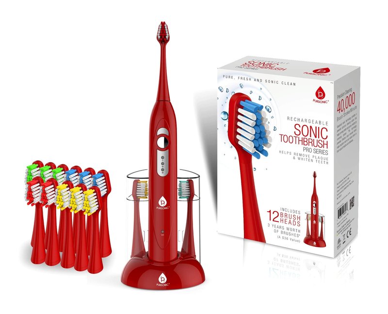 Pursonic S430 Power Rechargeable Sonic Toothbrush: 40,000 Strokes Per Minute, 12 Brush Head Replacements & Toothbrush Set Included - RED