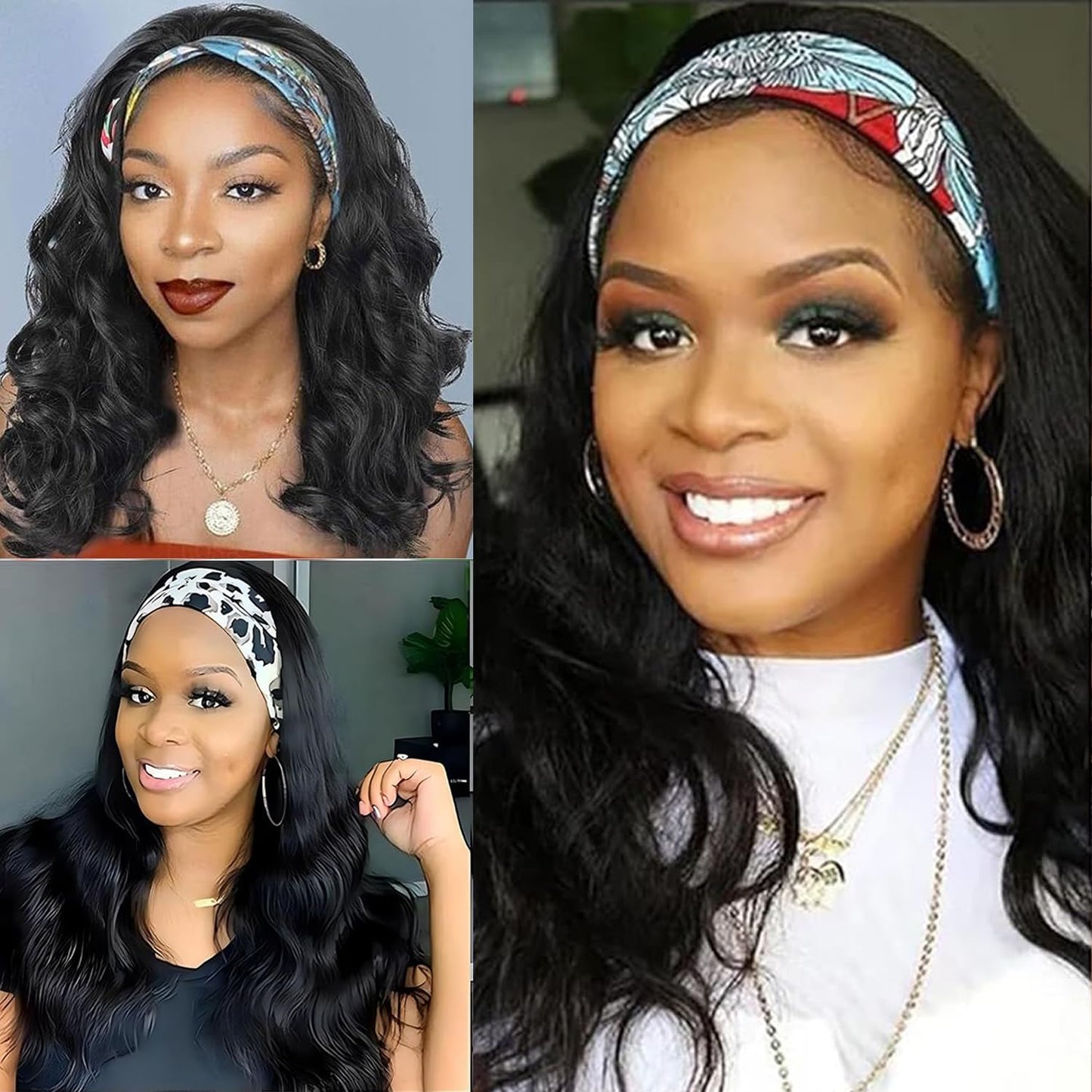Comfair Headband Wig Human Hair Body Wave 14 Inch Glueless No Sew Headband Wig 100% Brazilian Virgin Hair 180% Dencity Wear and Go Headband Wigs for Black Women Natural Color Beginner Friendly