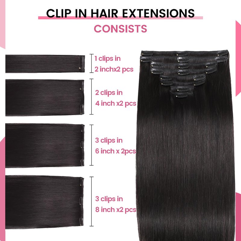 CWRDK Clip in Hair Extensions Real Human Hair, 100% Brazilian Remy Human Hair Clip ins for Women, Straight Seamless Double Weft Hair Extensions, Invisible 8pcs, 16 Inch 90g, #1B Natural Black