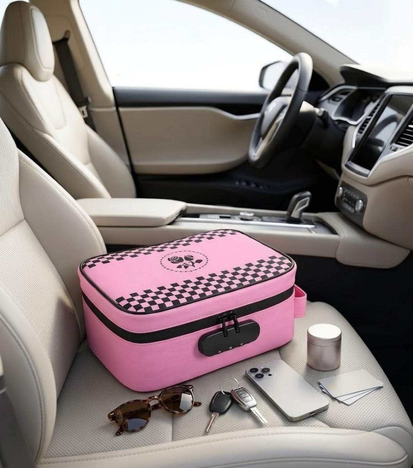 ANZOME Large Smell Proof Bag with Lock, Pink Lockable Storage Case, Activated Charcoal Odor Control, Waterproof Zipper Travel Organizer Pouch, Stash Box Alternative with 7 Accessories for Home & Trips