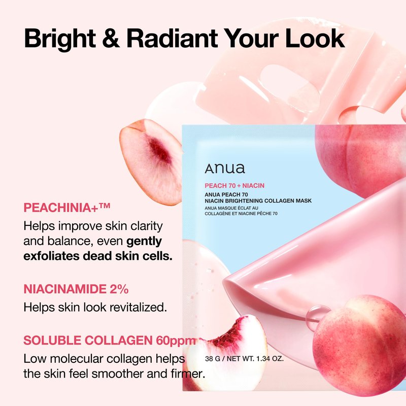 ANUA Peach 70 Niacin Brightening Collagen Mask, Overnight Face Mask for Glass Skin, Niacinamide, Elasticity, Even Skin Tone, Natural Color, Korean Skincare, 1.34 fl.oz/4ea