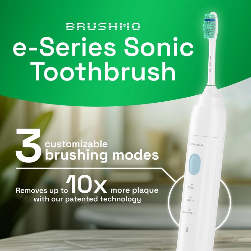 Brushmo E-Series Electric Sonic Toothbrush - Rechargeable Screw-On Electronic Tooth Brush for Adults with 3 Modes, Travel Case & Timer IPX7 Waterproof, 30 Days Lasting & Wireless Charging Base, White