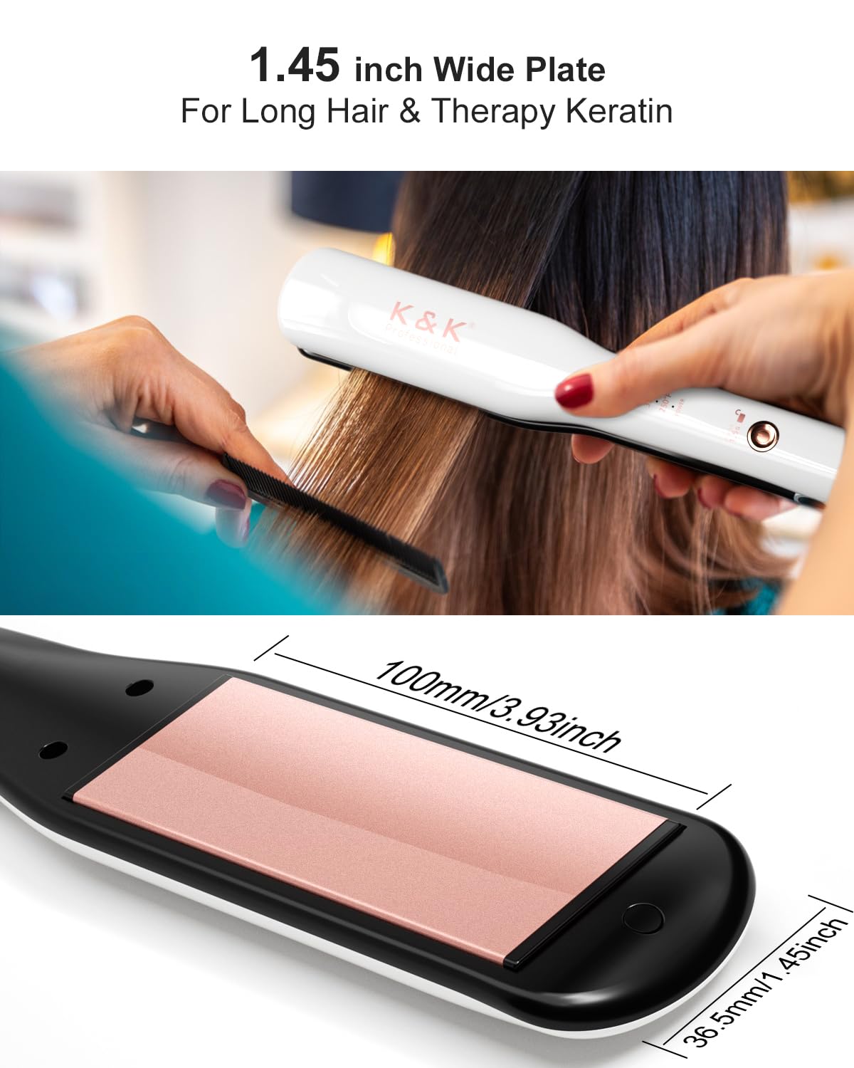 K&K Wide Hair Straightener Iron, Ceramic Tourmaline Coating 1.5 Inch Flat Iron for Long Hair, Professional Keratin Therapy Straighteners for Less Frizz, Shinier & Smoother Hair, Hair Styling Tools