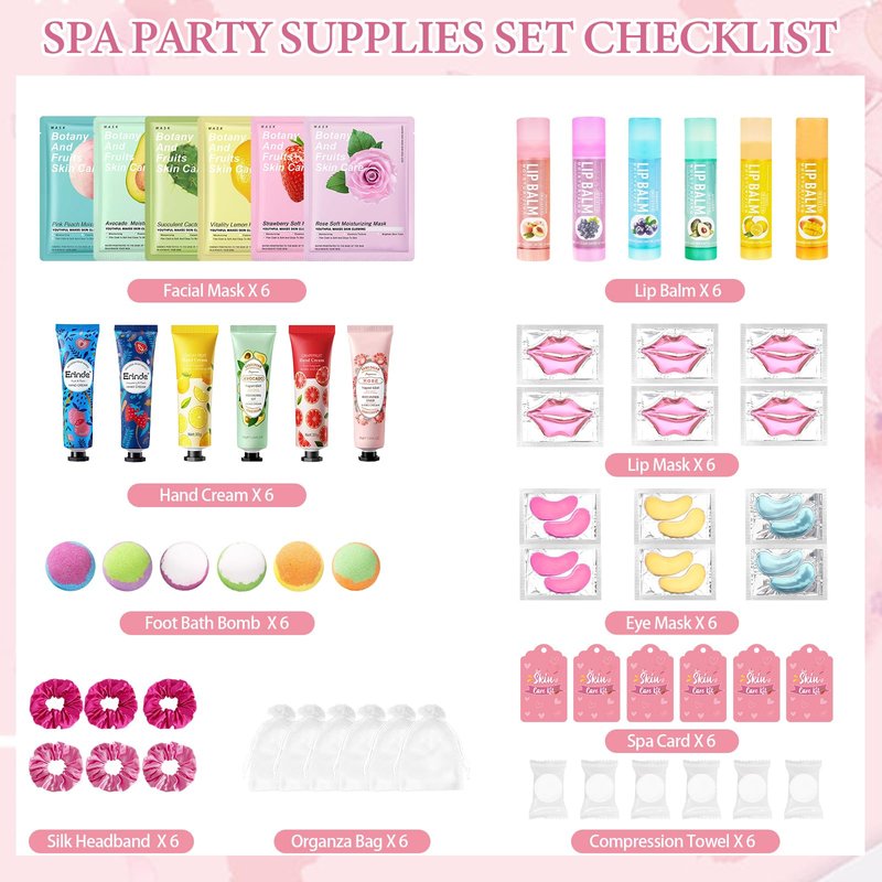 60 PCS Spa Party Supplies for Girls, Spa Party Favors Include Face Masks Skincare, Hand Cream, Lip Balm, Under Eye Patches, Lip Mask, Foot Bath Bombs, Bulk Birthday Sleepover Party Supplies for Women