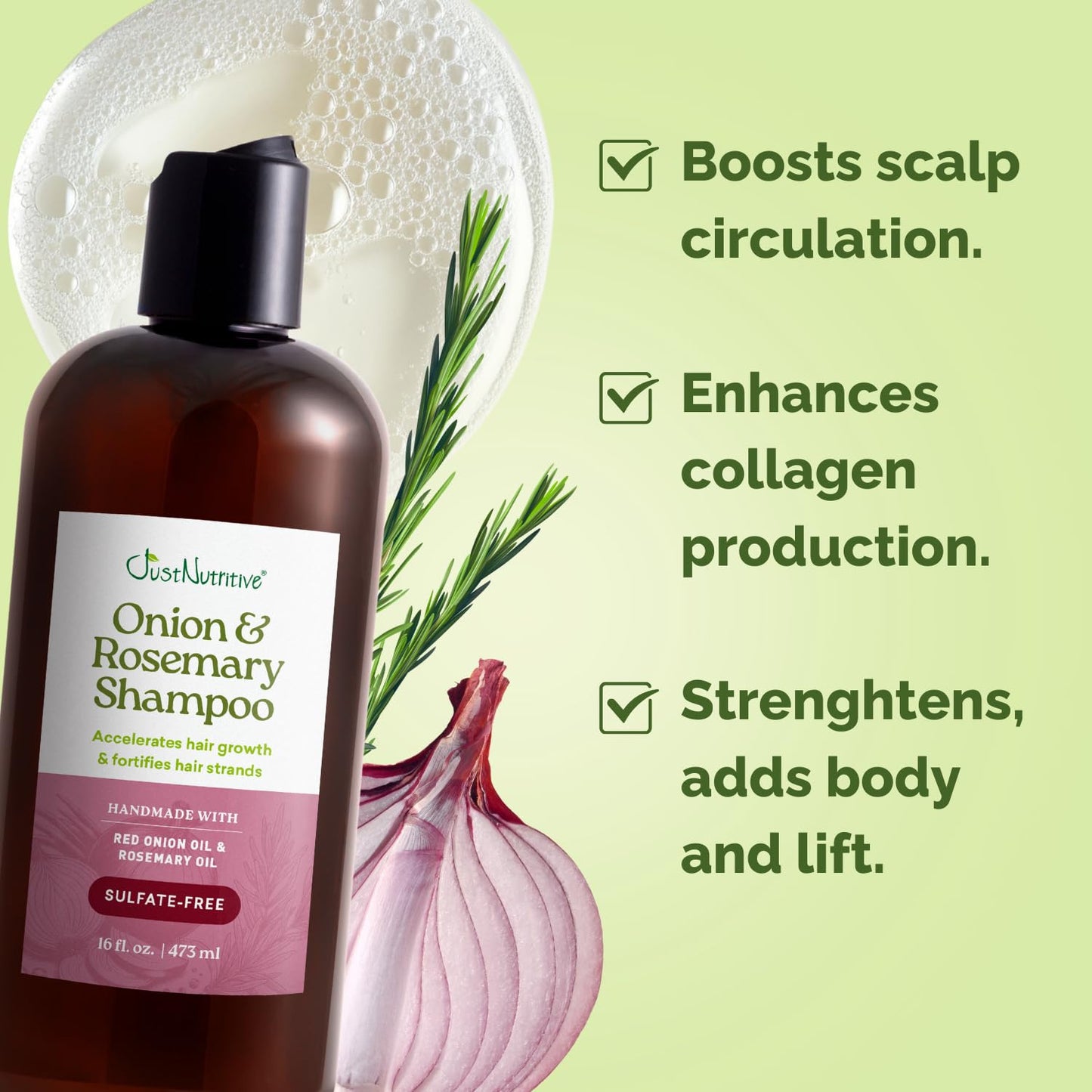 Just Nutritive Onion & Rosemary Shampoo for Hair Growth, Thickening, Strengthening - Sulfate-Free, Enriched with Red Onion Oil, Rosemary Oil, Tea Tree - 16 oz