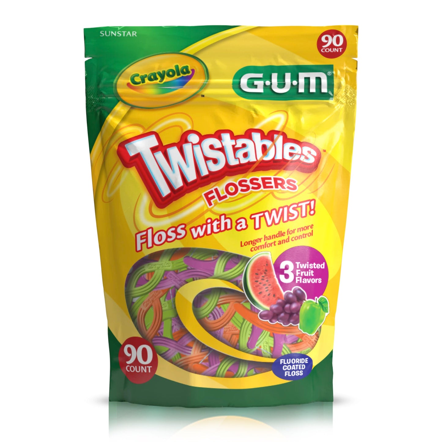 GUM Crayola Twistables Kids Flossers with Fluoride, Designed for Little Hands, Three Fun Fruit Flavors, Easy-to-Use Dental Floss Picks for Children Ages 3+, 90 Count (Pack of 4)