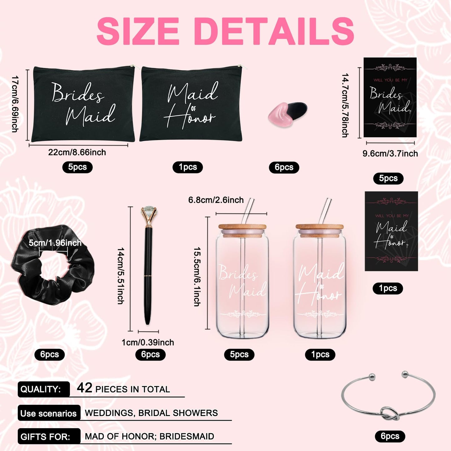KIKINIKO 56 pcs Bridesmaid Gift Set, Pink: 16oz Glass Cups, Makeup Bags, Invitation Cards, Scrunchies, Hair Bracelets, Diamond Pens, Love Clips - Perfect for Bridesmaids or Special Occasions