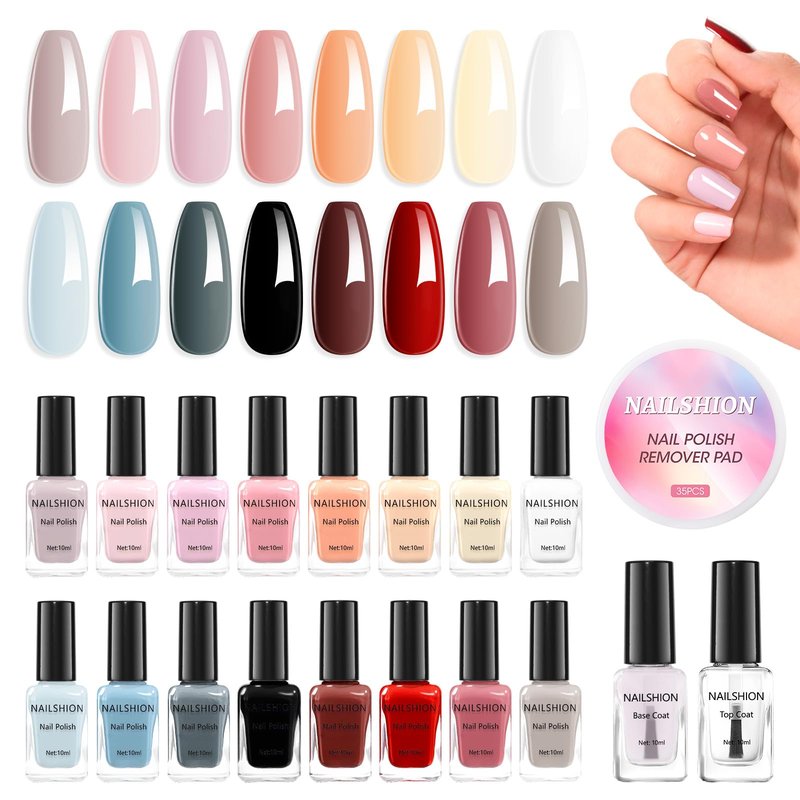 Nailshion Nude Gray Nail Polish Set Neutral 16 Colors with Base Top Coat Remover Pads, Nude Brown Burgundy Dusty Rose Fast Dry Fingernail Polish Set, Non-Gel, Rich in Castor Oil Nail Art Kit