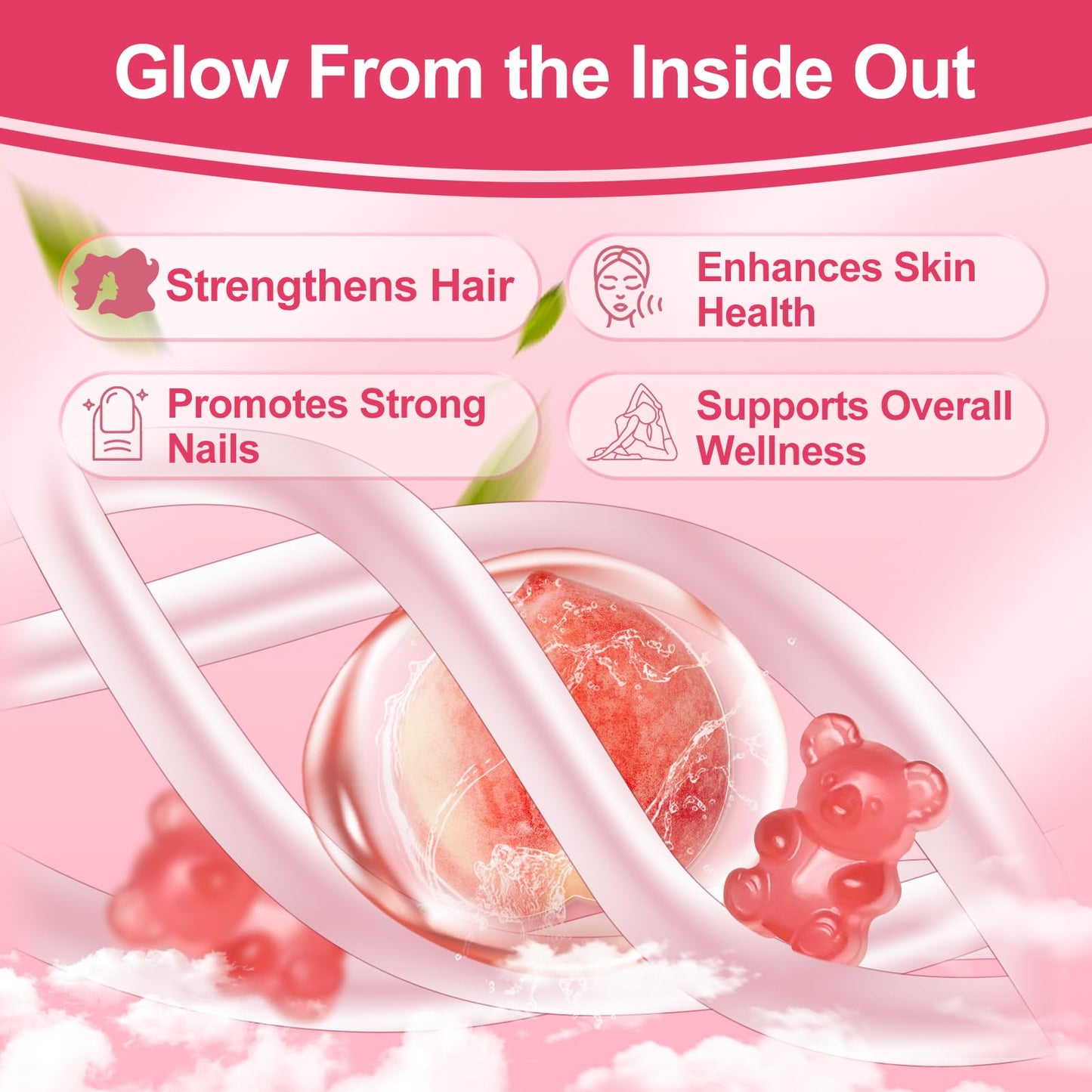 inGreens 20-in-1 Hair Skin and Nails Gummies, Hair Biotin Vitamins for Women & Men with 10000 mcg Biotin, Vitamins A, C, D, E for Hair Growth & Healthy Skin, White Peach Flavor, 90 Gummies