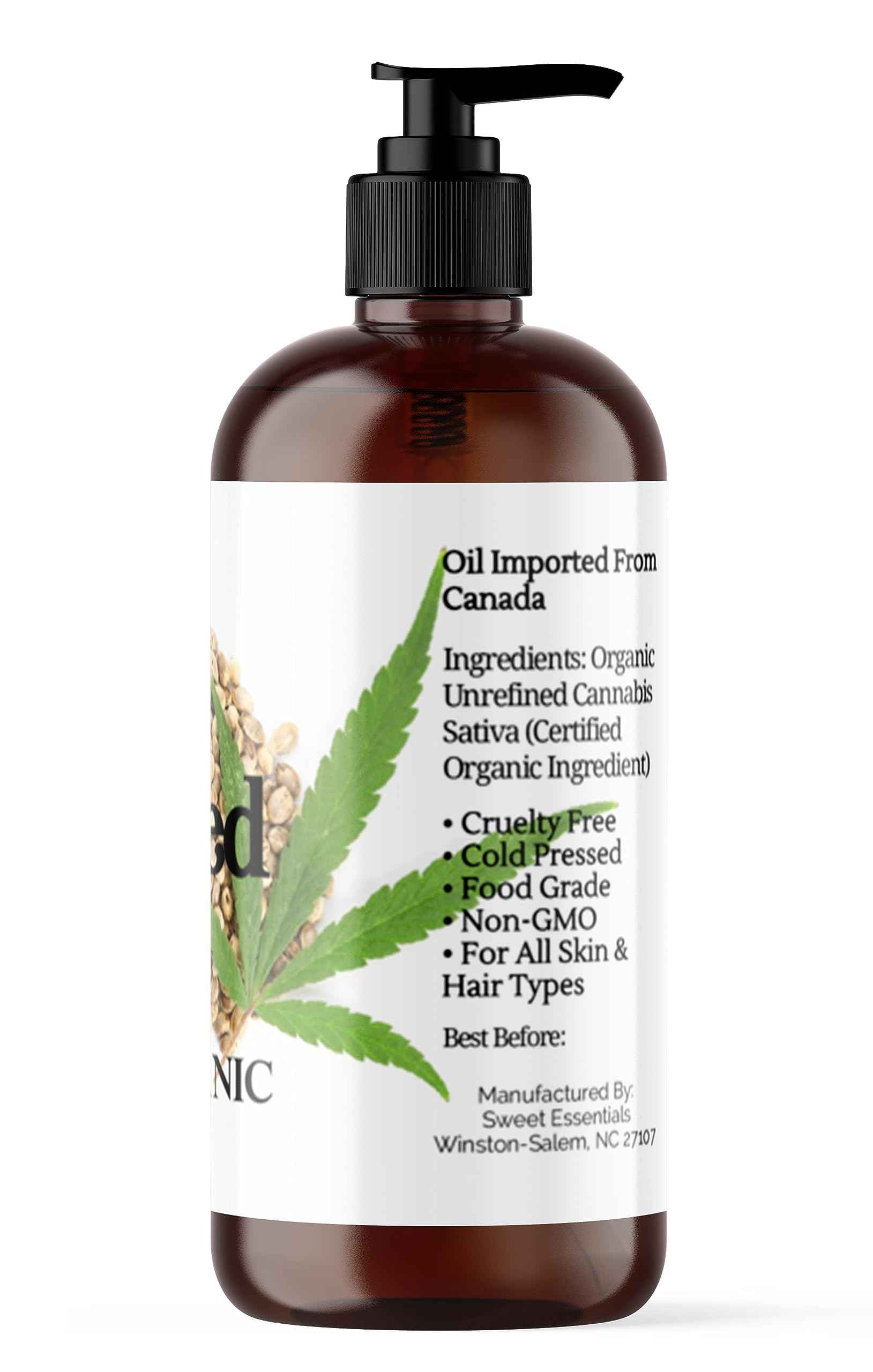 Organic Extra Unrefined Hemp Seed Oil (Food Grade) 8oz | Cannabis Sativa | Imported From Canada | 100% Pure Cold Pressed | Offers Relief From Dry & Cracked Skin, Eczema, Psoriasis, Dermatitis, Rosacea