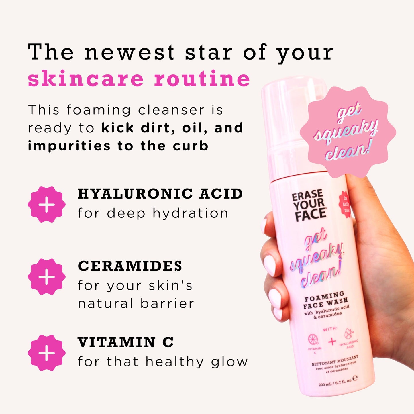 ERASE YOUR FACE Foaming Face Wash - Gentle Face Wash to Rejuvenate & Nourish Skin - Hydrating Face Wash Enriched with Hyaluronic Acid, Ceramides & Vitamin C for a Radiant Glow (6.8 Fl Oz)