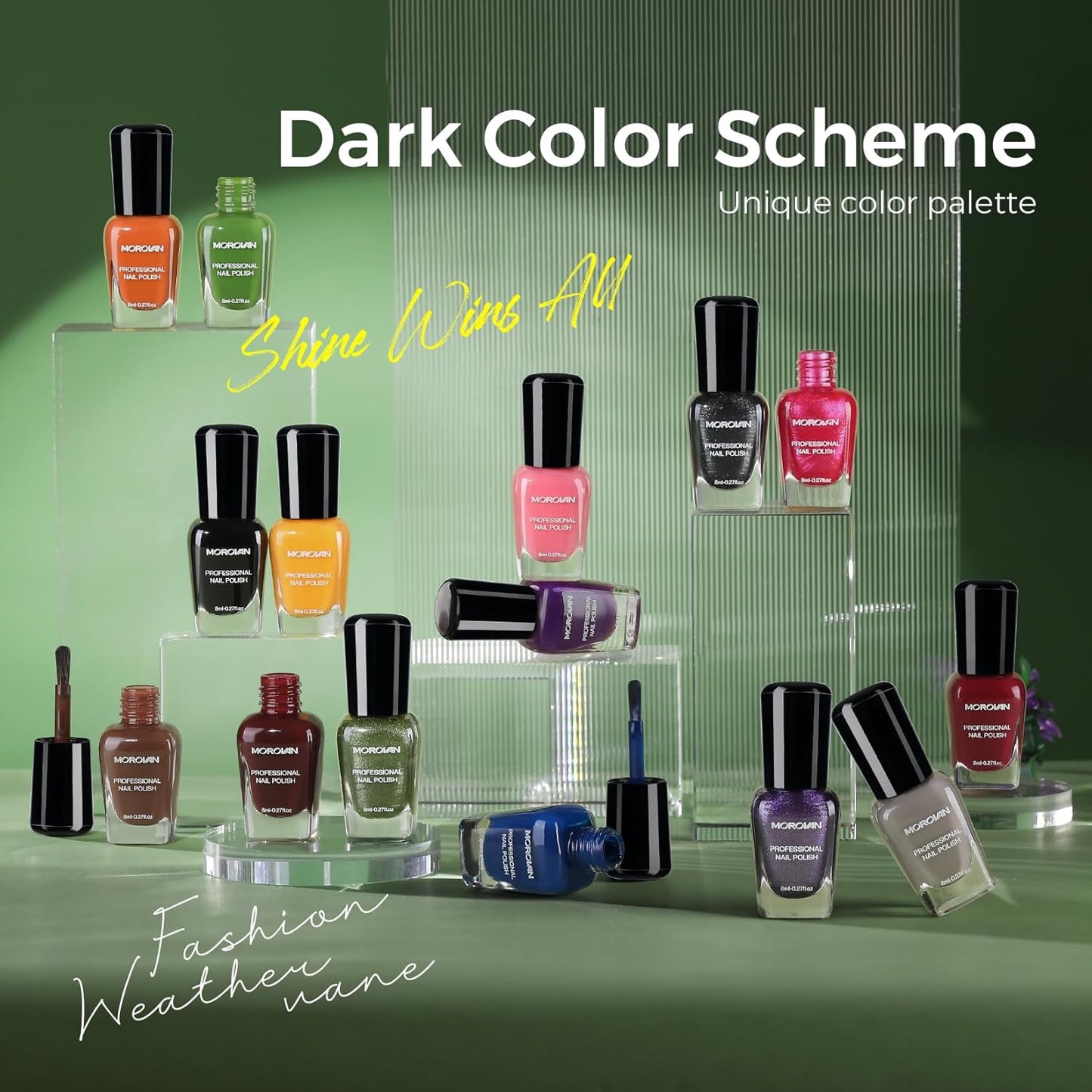 Morovan Dark Nail Polish Set - Glitter Green, Dark Red, Black, Hot Pink & Brown | Quick-Dry Nail Art Kit for Holiday Manicure