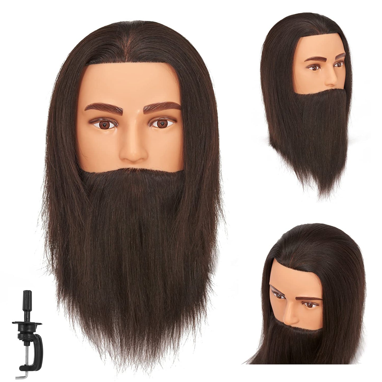 Traininghead Men Mannequin Head with Human Hair Manikin Training Practice Head Cosmetology Doll Heads for Hairdresses with Clamp Stand