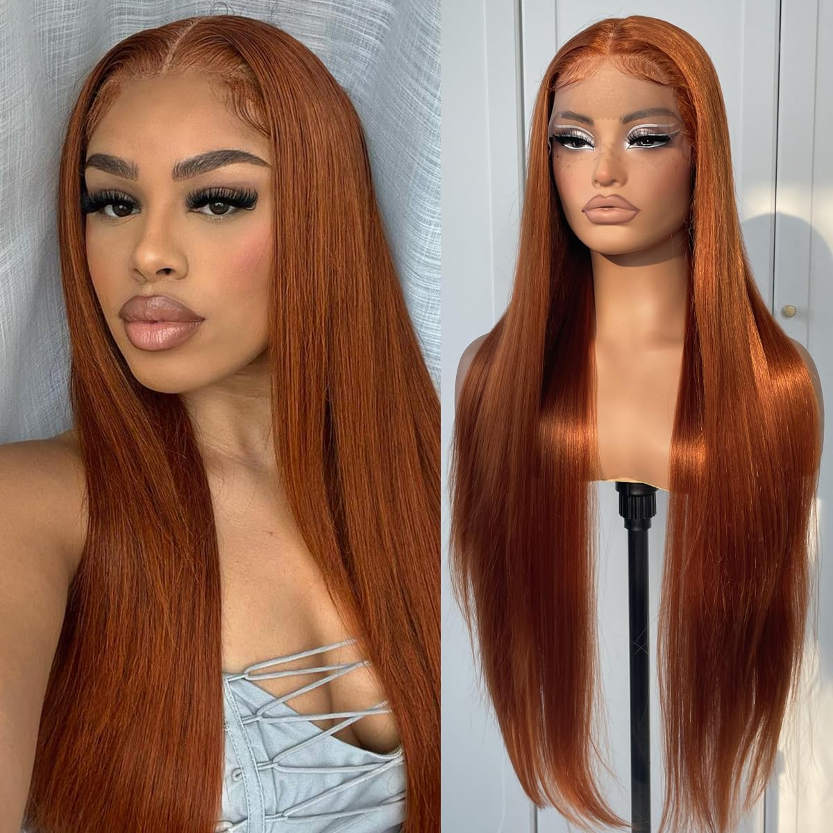 MITIMES Ginger Orange Lace Front Wig Pre Plucked Synthetic Long Straight Ginger Lace Front Wigs 180 Density Glueless Ginger HD Lace Front Wig 32inch
