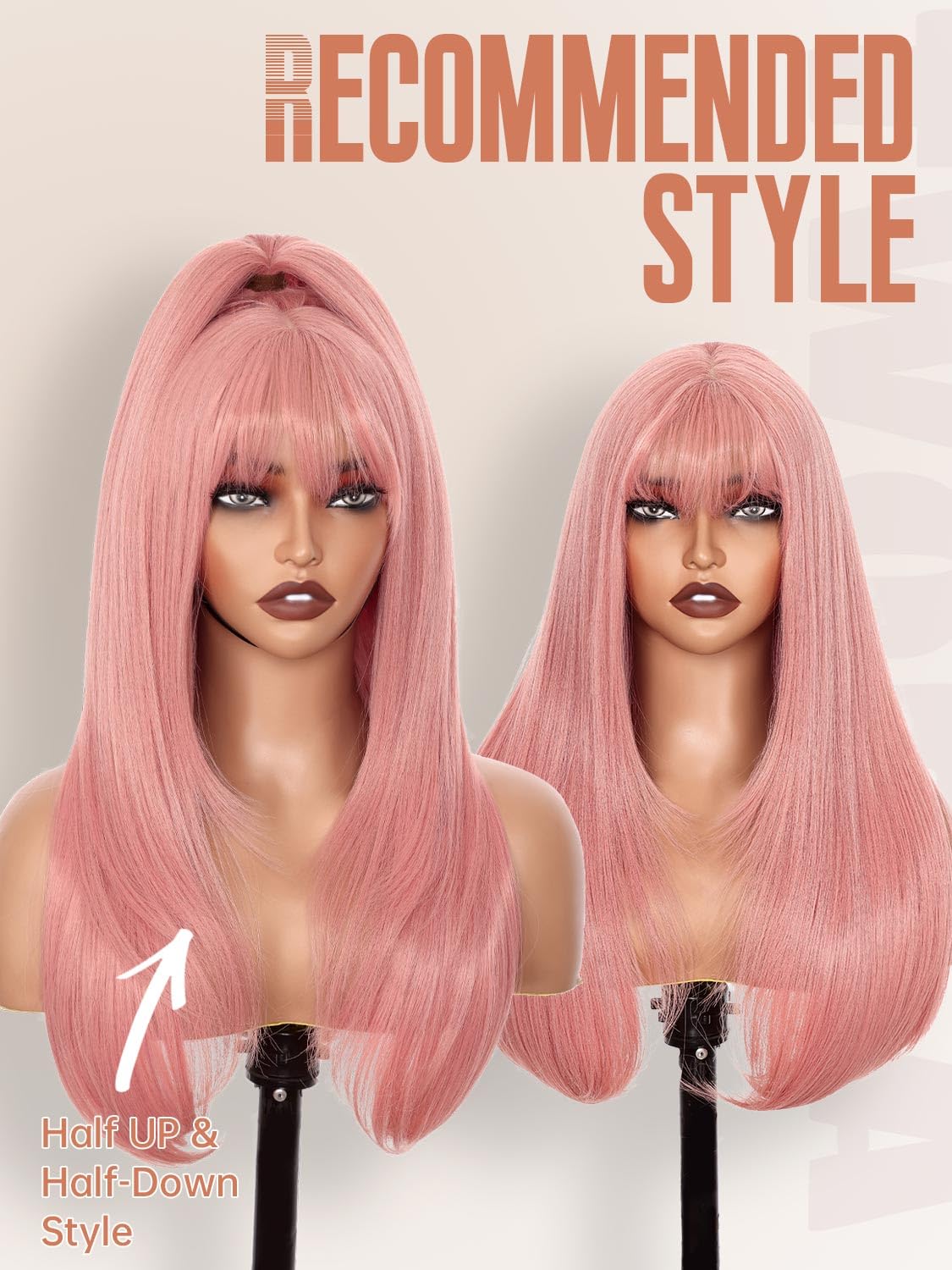 Twobla 26 Inch Pink Wig with Bangs | Long Pink Layered Wig for Women | Realistic Scalp, Freestyle Parting | Heat Resistant, Wear & Go, No Glue Needed | Straight Synthetic Wigs for Cosplay & Daily Use