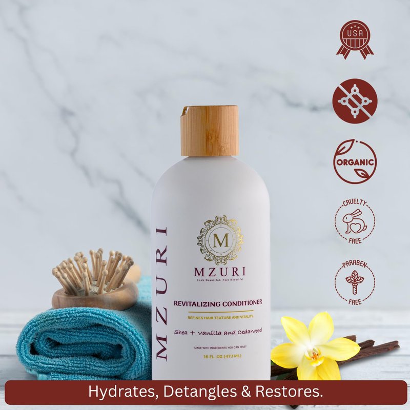 MZURI Revitalizing Conditioner with Shea Butter, Vanilla, & Cedarwood, Moisturizing, Hydrating, and Deep Conditioning Treatment for Frizzy, Dry, Hair, Restorative Leave-In Formula - 16 Fl. Oz
