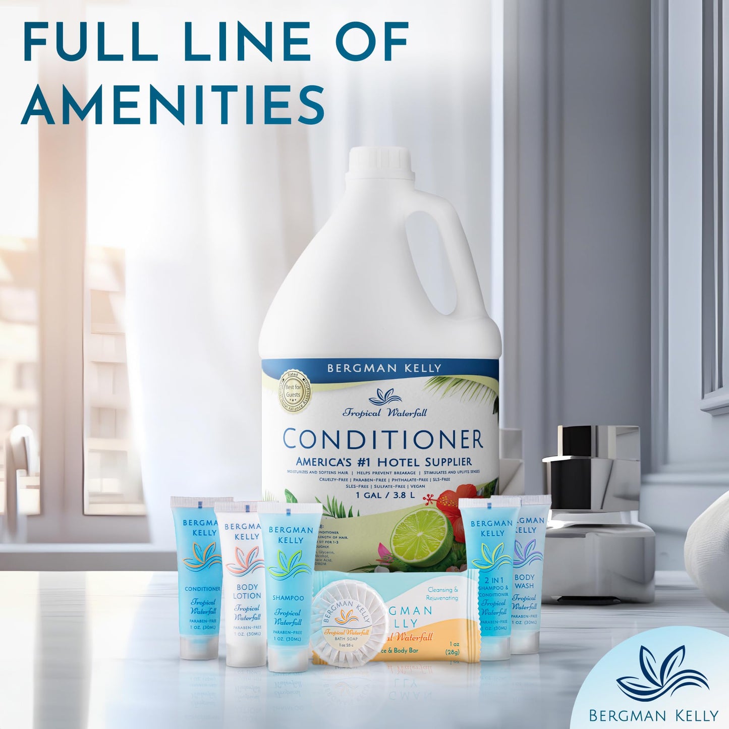 BERGMAN KELLY Conditioner Refill (128 fl oz, Tropical Waterfall Scent), Delight Your Guests with Invigorating and Refreshing Gallon Size Conditioner, Hotel Amenities in Bulk