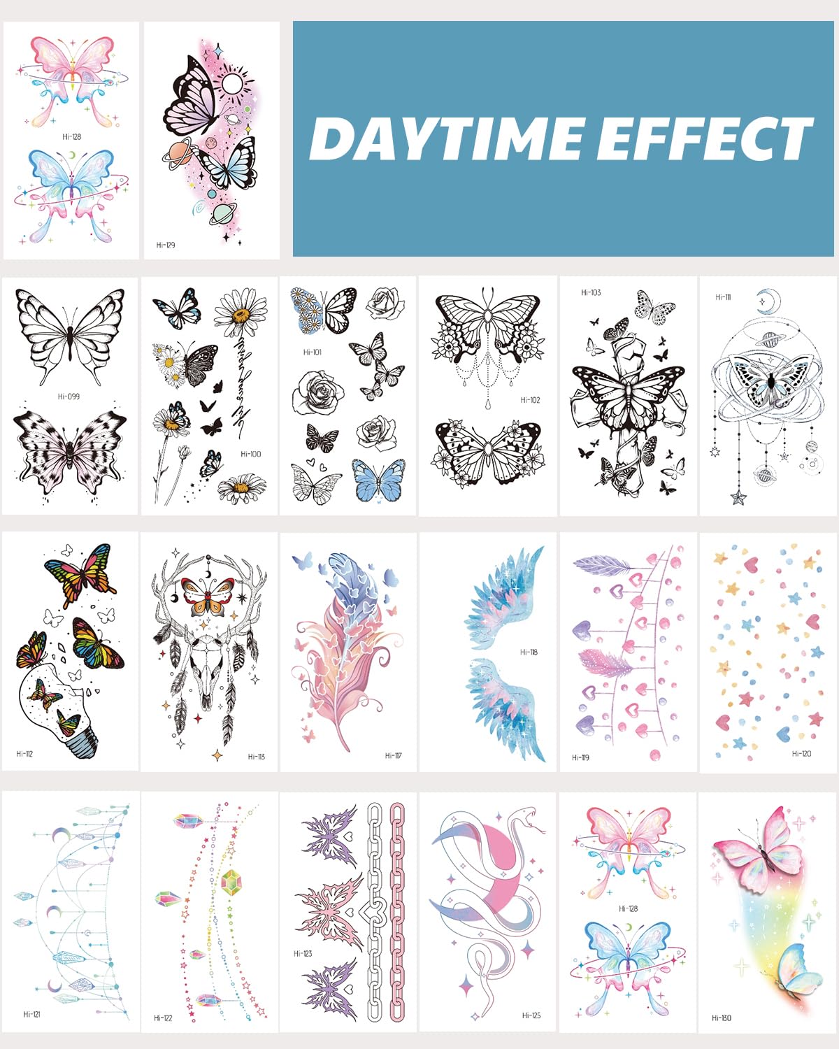 Onogola 20 Sheets Glow In The Dark Butterfly Temporary Tattoos for Women, Luminous Flower Butterflies Wings Fake Tattoo Stickers Art Makeup Waterproof for Face Body Arm Party Favors