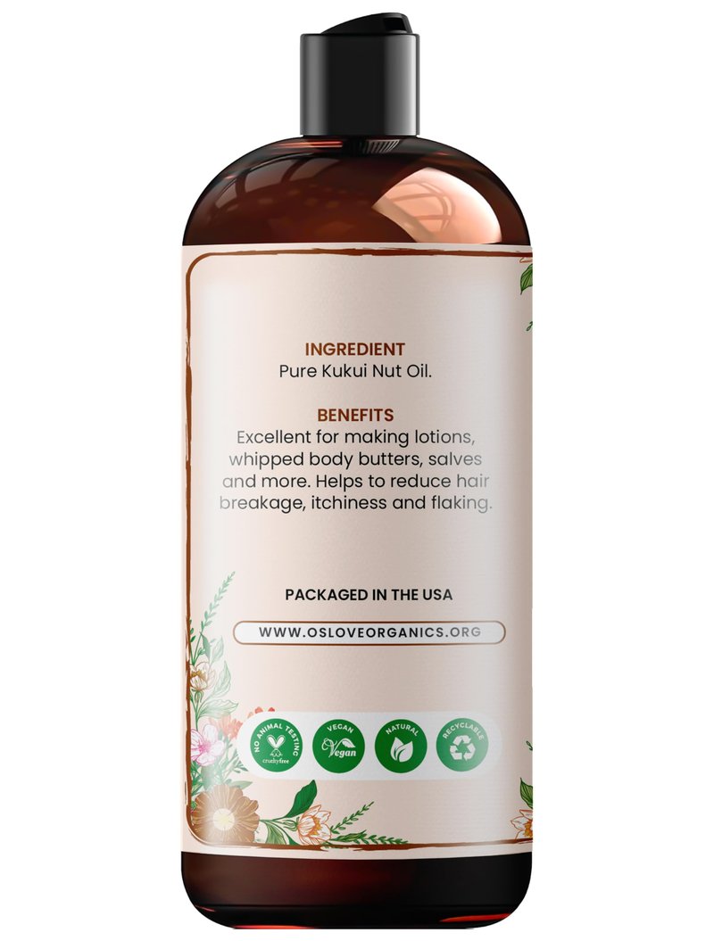 Oslove Organics Pure Kukui Nut oil- Cold Pressed, use for lotions, soaps, serums, body butters and more. Great for skin and hair care-12 oz (12 oz)