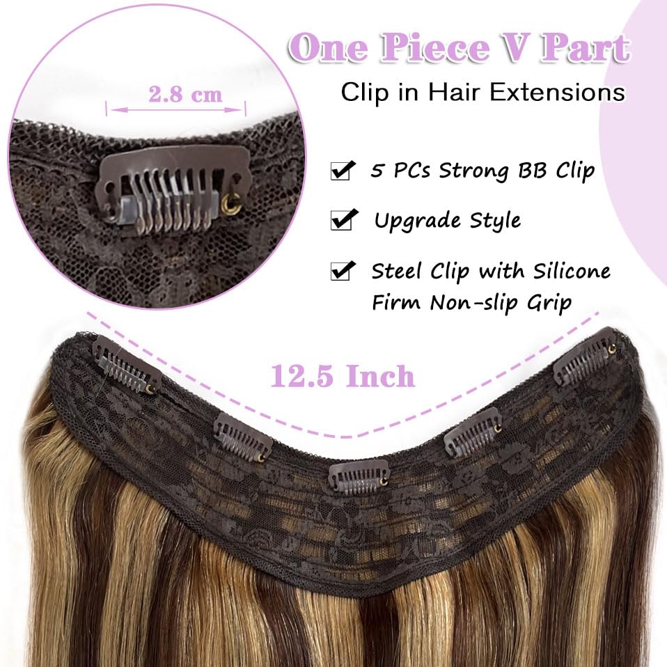 Human Hair Clip-In Extensions - Ombre Chocolate Brown to Caramel Blonde | 14" 70G V-Shape Balayage with 5 Secure Clips