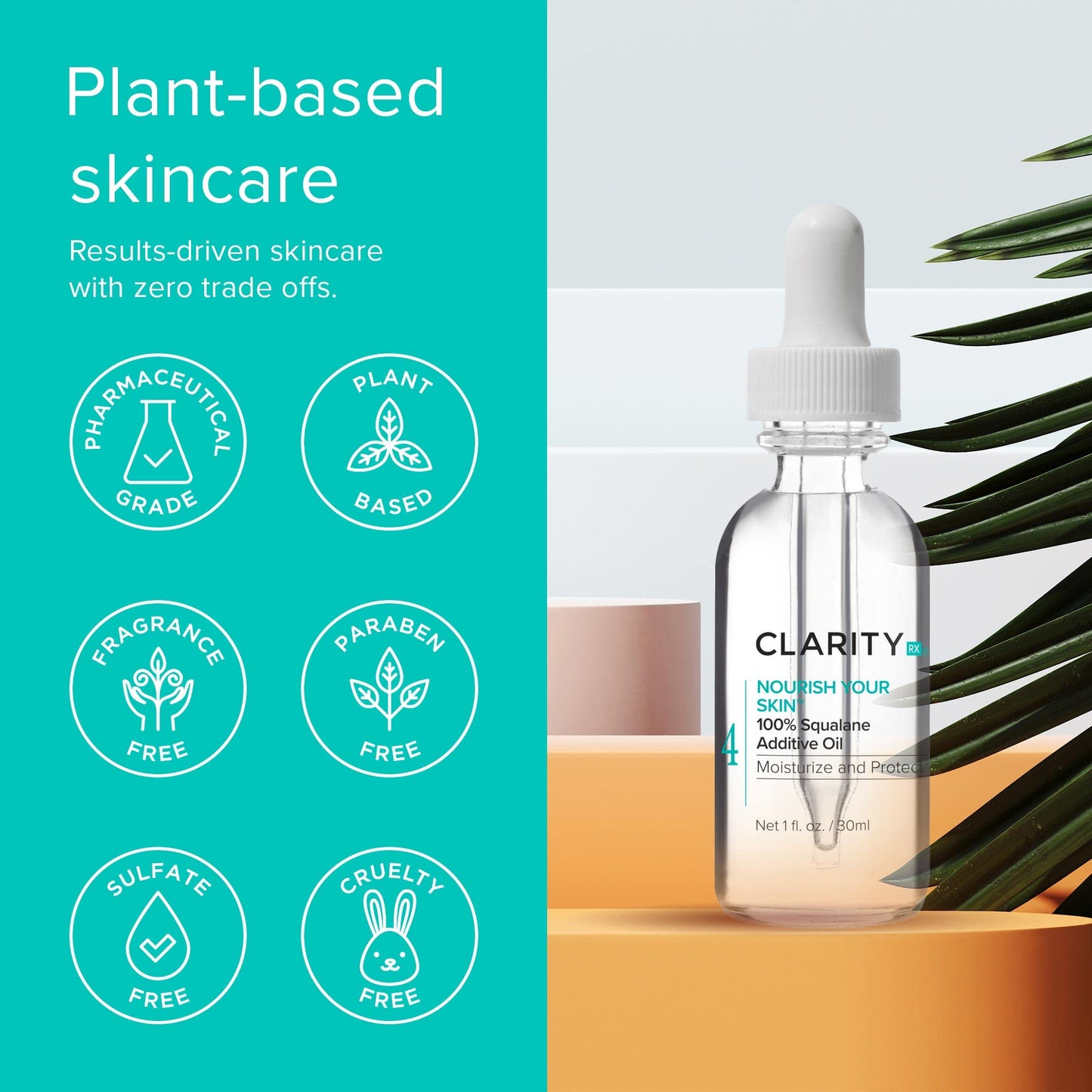 ClarityRx Nourish Your Skin 100% Squalane Oil for Face, Natural Plant-Based Moisturizing Facial Serum with Antioxidants for Dry Skin (1 fl oz)