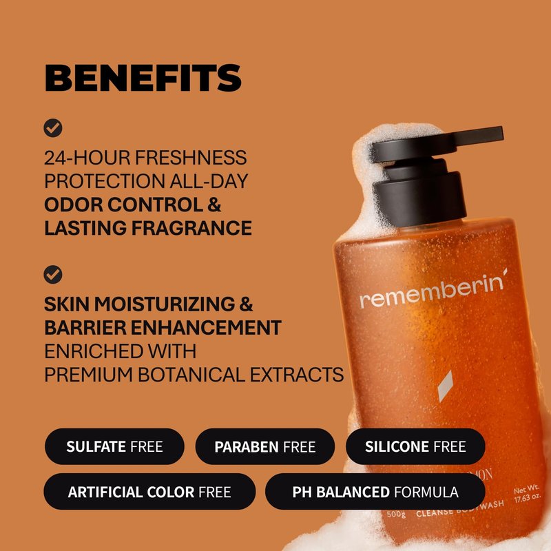 Rememberin Body Wash for Aging Body Odor & Nonenal – Korean Fermented Persimmon Extract, Reduces Body Odor up to 92.3%, CICA & Ceramide for Sensitive Skin, Sulfate-Free (17.6 oz / 500g)