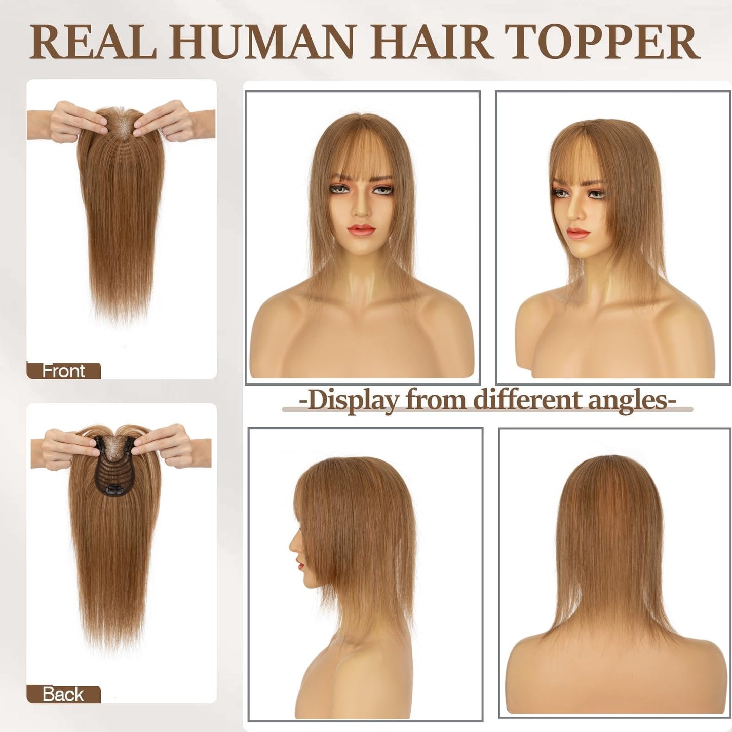 Rich Choices Hair Toppers for Women Real Human Hair 360°3D Clip in Bangs Remy Hairs Toppers With Bang Hairpieces for Women with Thinning Crown Wispy Clip in Topper 10 Inch With Bang-#6 Light Brown