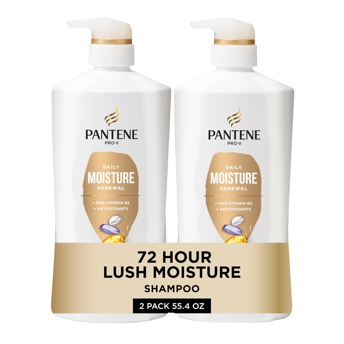 Pantene Shampoo, Daily Moisture Renewal - Pro-V Nutrients for Dry, Color-Treated, Straight to Curly Hair, 72-Hour Hydration & Softness, 27.7 Oz Each, 2-Pack + Miracle Rescue Shot (0.5 Oz)