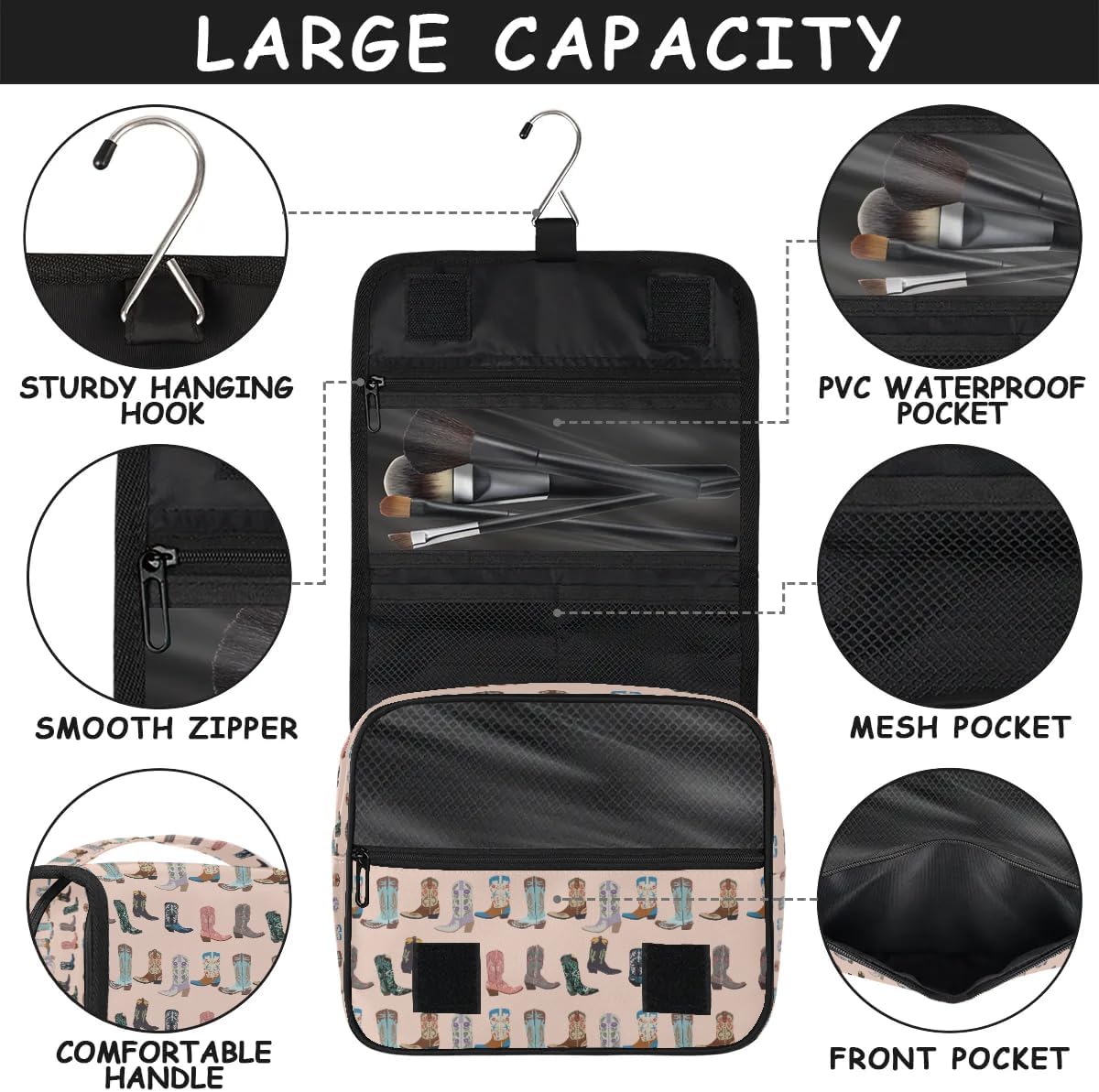Travel Toiletry Bag - Pink Retro Western Print | Large Makeup Organizer with Hanging Hook