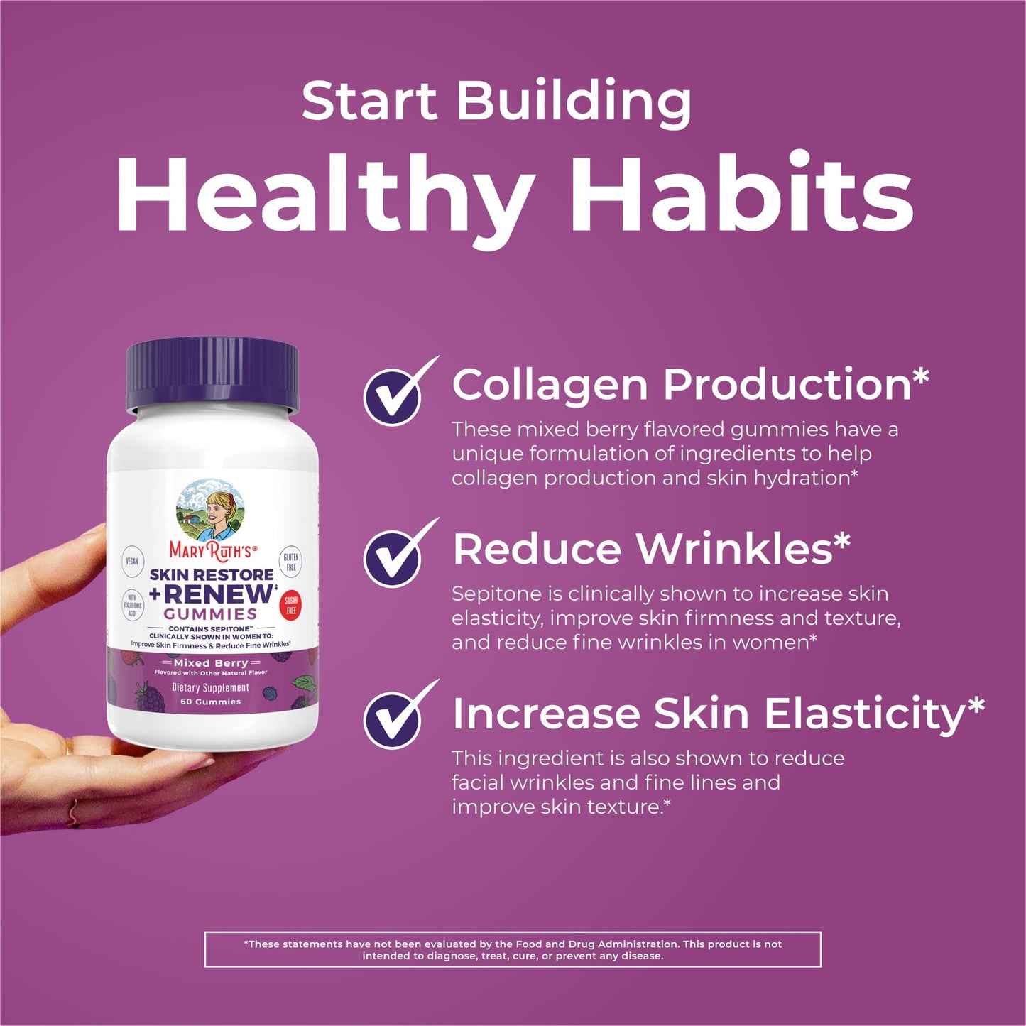 MaryRuth's Skin Restore + Renew Gummies With Hyaluronic Acid | Skin Hydration | Clinically Shown in Women to Reduce Fine Wrinkles & Improve Skin Firmness | Vegan Collagen Production | 60 Gummies