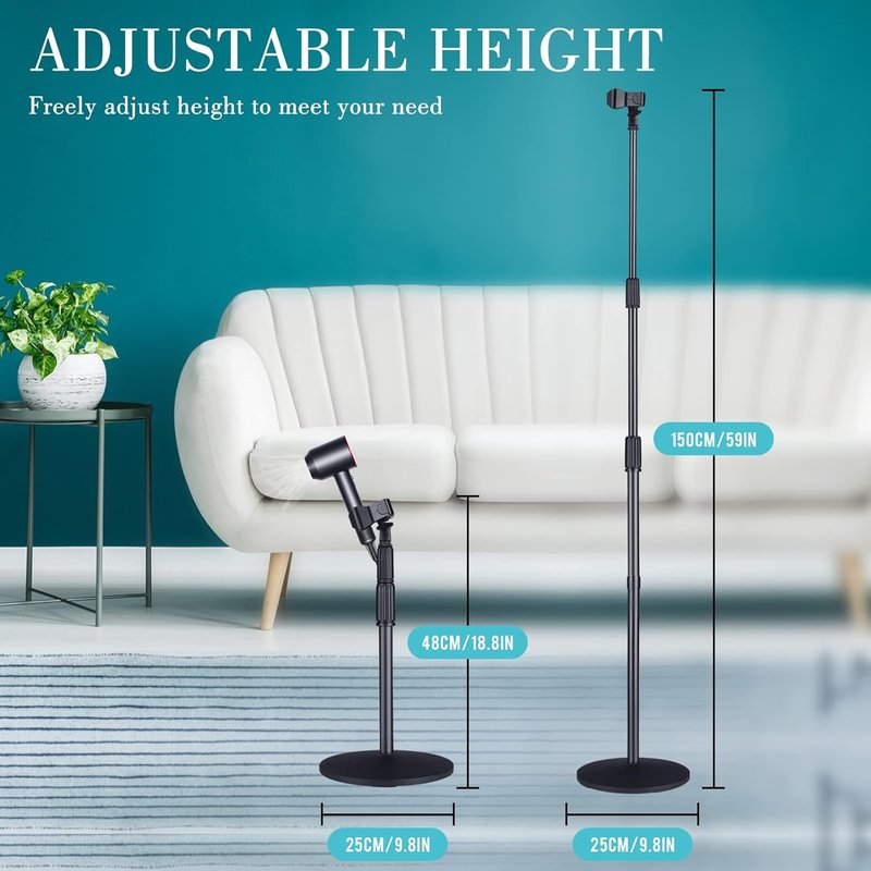 Hands-Free Hair Dryer Stand - 59in Adjustable Height, Metal Holder | 180° Rotatable for Women & Pets