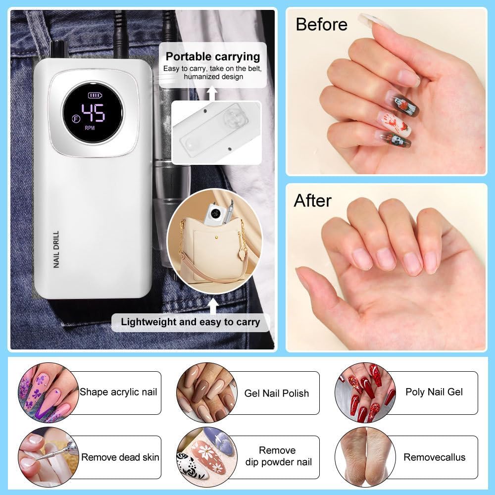 Coxcsi Electric Nail Drill, Nail File 45000RPM, Cordless Drill Machine Professional, Portable Nail Drill kit, Rechargeable with Drill Bits, Nail E File for Acrylic Gel Nail Salon
