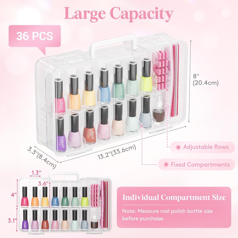 Lifewit Nail Polish Organizer Case for 36 Bottles with 8 Adjustable Sections, Portable Sturdy Gel Nail Polish Storage Holder with 4 Nail Separators, Clear, 33 × 8 × 20 cm/13 x 3 x 8 inch, 2 Pack