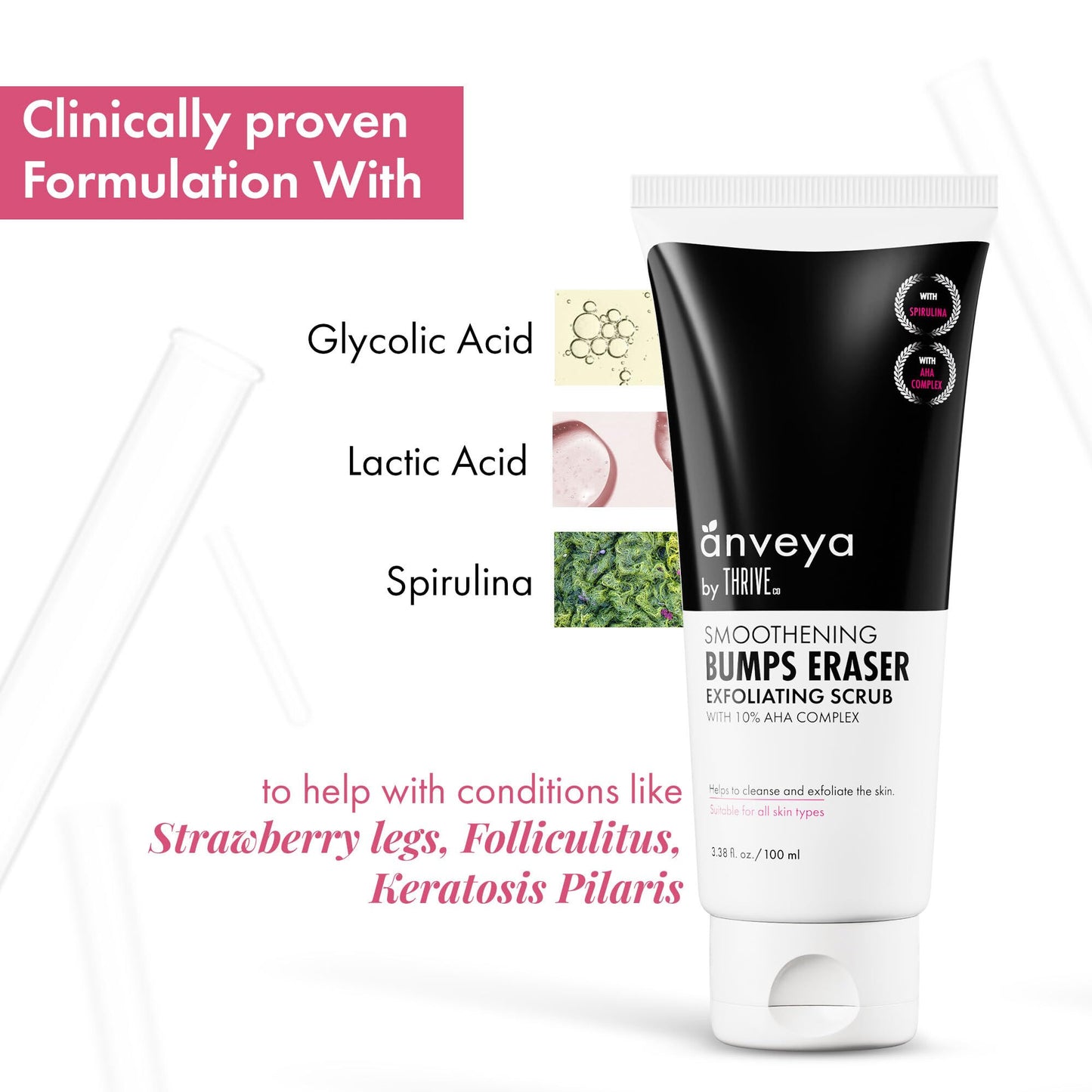 Anveya Smoothening Bumps Exfoliating Body Scrub For Bumpy & Dry Skin, Strawberry Legs, Keratosis Pilaris & Ingrown Hair | Glycolic Acid, Lactic Acid & Spirulina | For Men & Women | 100ml