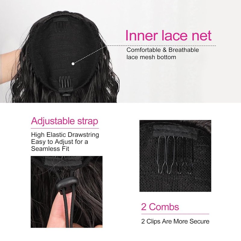 Black Ponytail Extension - 14 Inch Drawstring Synthetic Curly Wavy Clip-In Hairpiece | Perfect for Daily Wear & Halloween