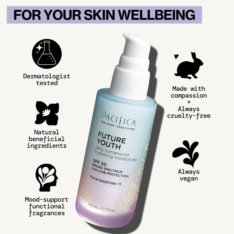 Pacifica Peptide Face Moisturizer Future Youth Daily Turnaround Hydrating, SPF 50 Broad Spectrum, UVA/UVB Sun Protection, Sunscreen, Face Moisturizer, Anti-Aging, Vegan, 1.7 fl oz (1 Count)