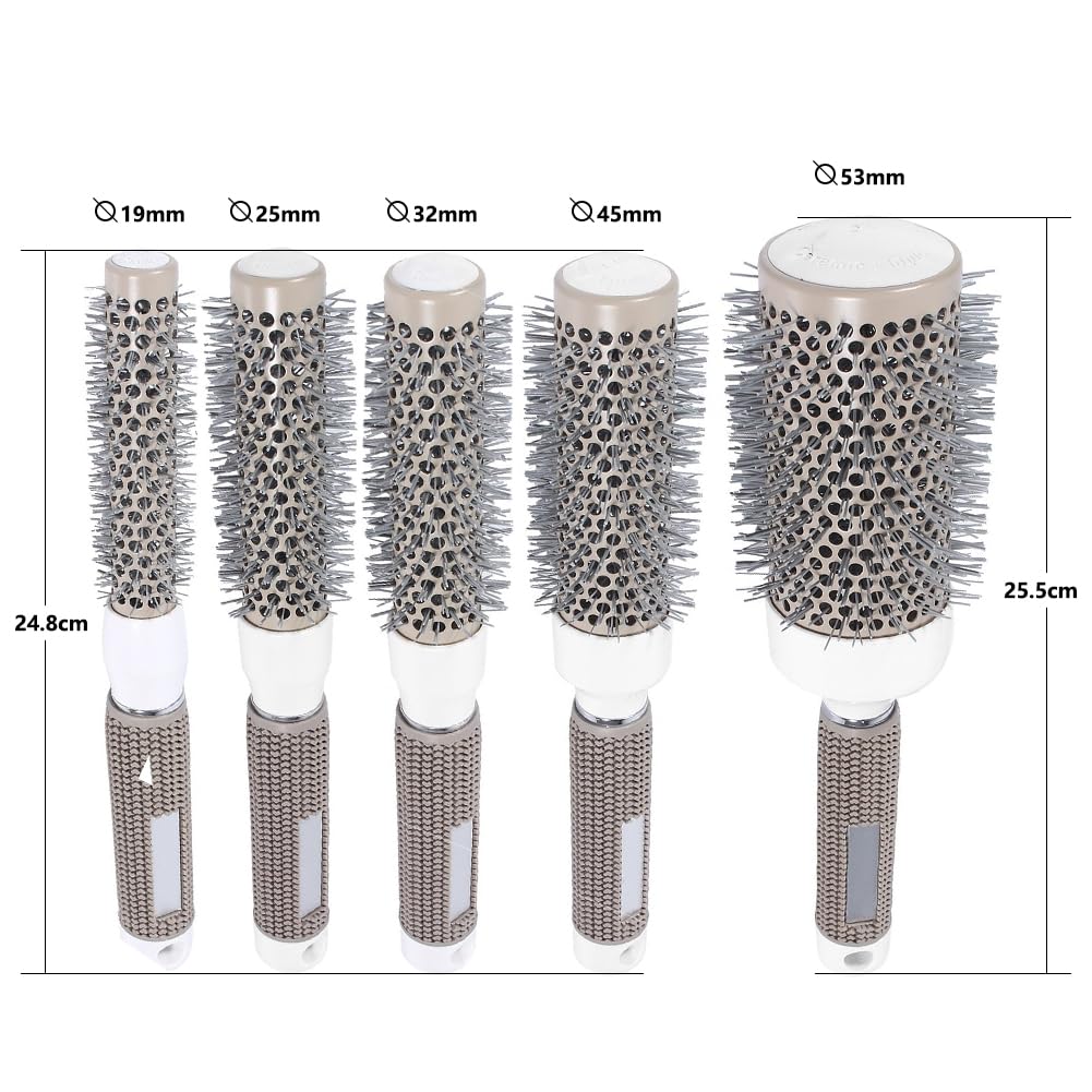 Round Brush Set for Blow Drying Curling, Professional Ceramic Ion Thermal Barrel Brush Leaves Hair Shiny Heat Styling Brush 5 Different Sizes Works Very Well with The Blow Dryer