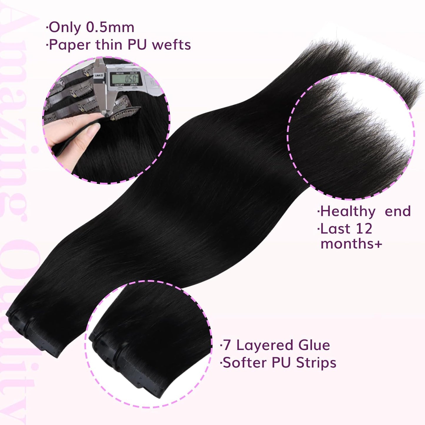 Seamless Clip-In Hair Extensions - Jet Black Real Remy Human Hair | Thick & Soft 12 Inch PU Weft for Black Women