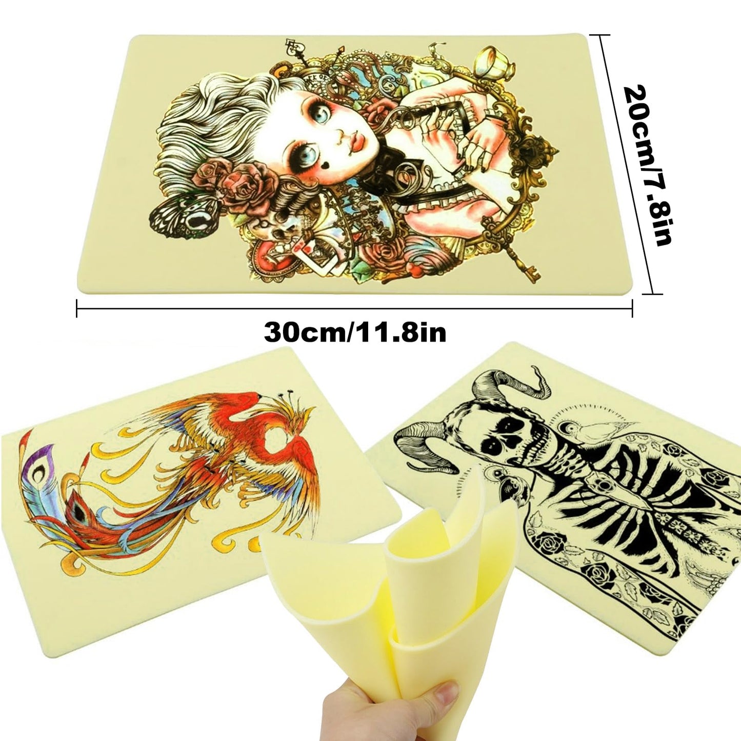 Romlon Tattoo Skin Practice - 3Pcs Tattoo Practice Skin 7.8x11.8" 3MM Tattoo Skin Double Sides Soft Silicone Pads Tattoo and Microblading Practice skin for Beginners and Experienced Tattoo Artists