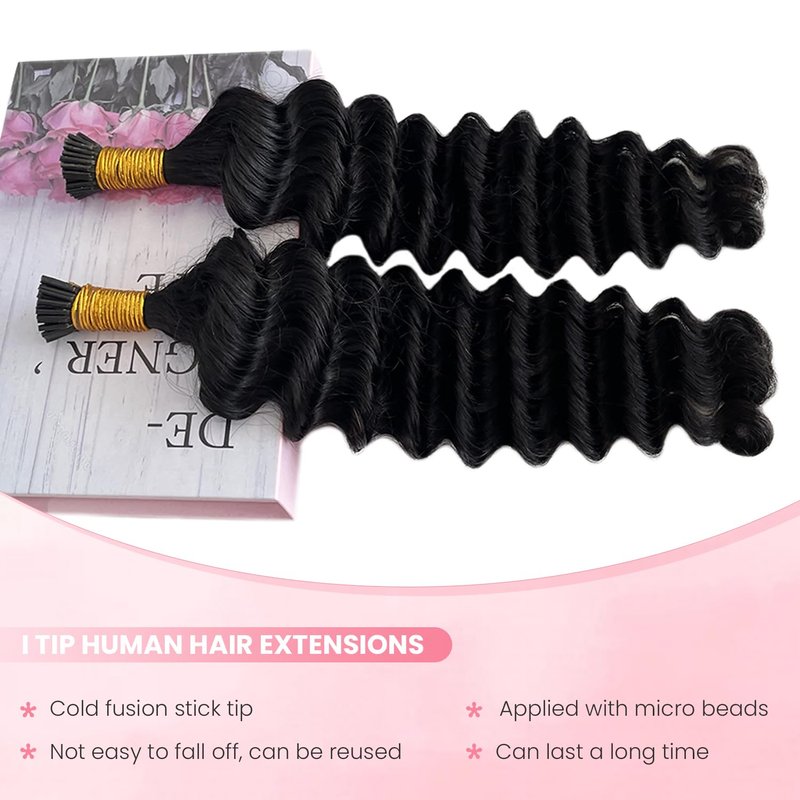 I Tip Hair Extensions Deep Wave Microlink Beads Itip Human Hair Extensions for Black Women 20 Inch Natural Color Curly Brazilian Real Remy Pre Bonded Keratin Stick Tipped Bundles 50g 100 Strands