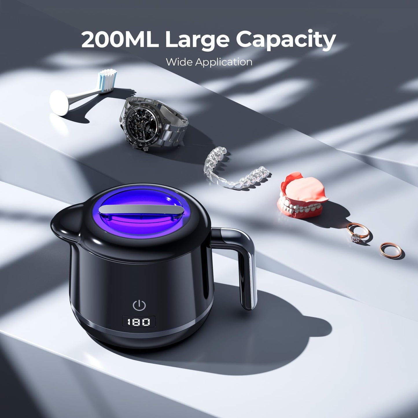 GYNHD Ultrasonic Retainer Cleaner Machine - 45kHz Ultrasonic Cleaner - 200ML Mouth Guard & Denture Cleaner Pod & Jewelry - 5 Modes with Digital Timer - Upgrade Water Bottle Design