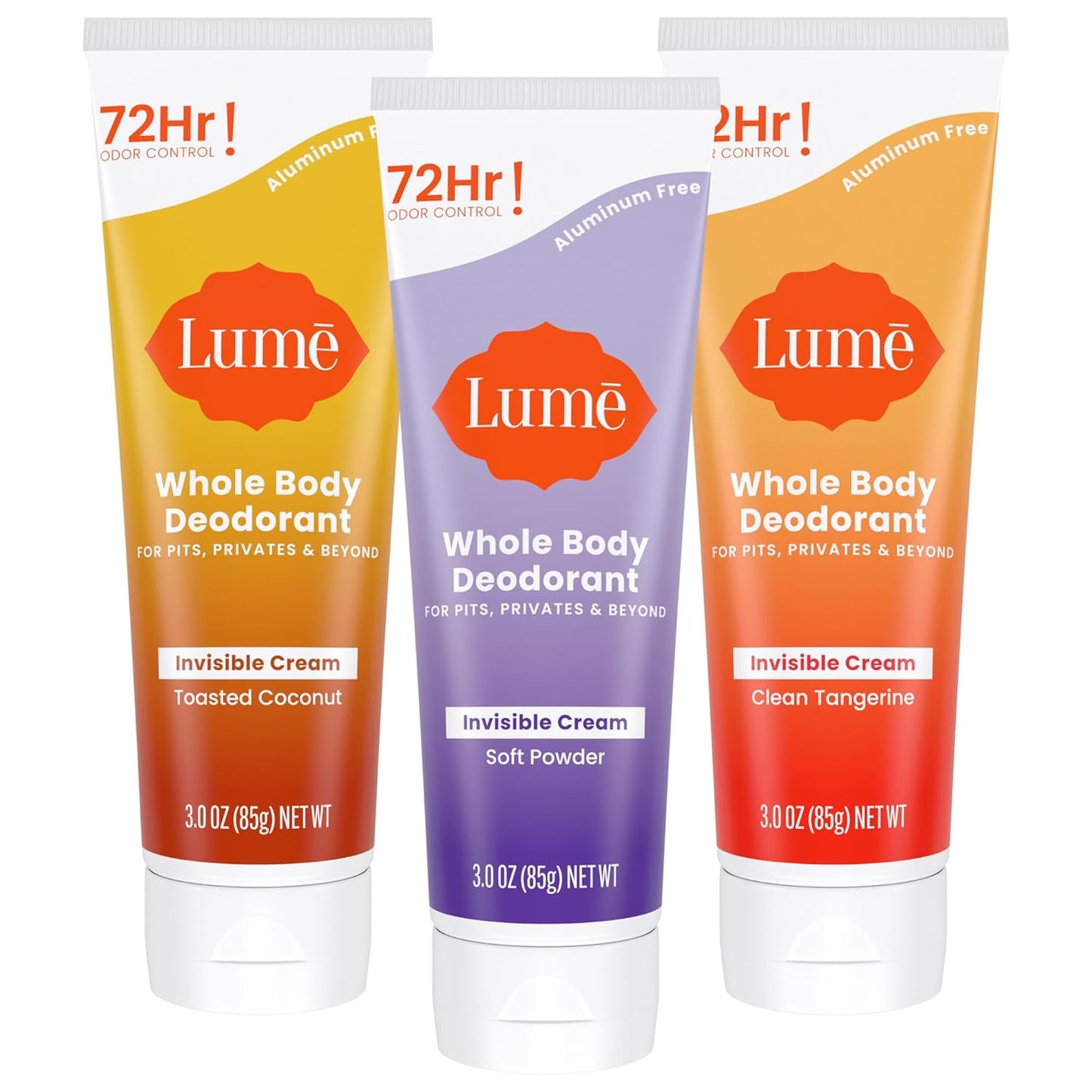 Lume Whole Body Deodorant - 72-Hour Odor Control Cream | Aluminum-Free, Skin Safe - 3 Pack (Toasted Coconut, Soft Powder, Clean Tangerine)